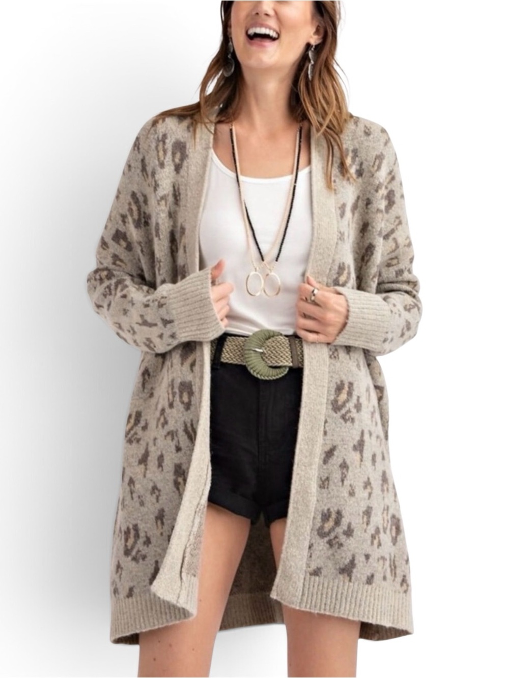 New Easel Leopard Knit Pattern Open Front Long Cardigan Sweater Gray Women Small